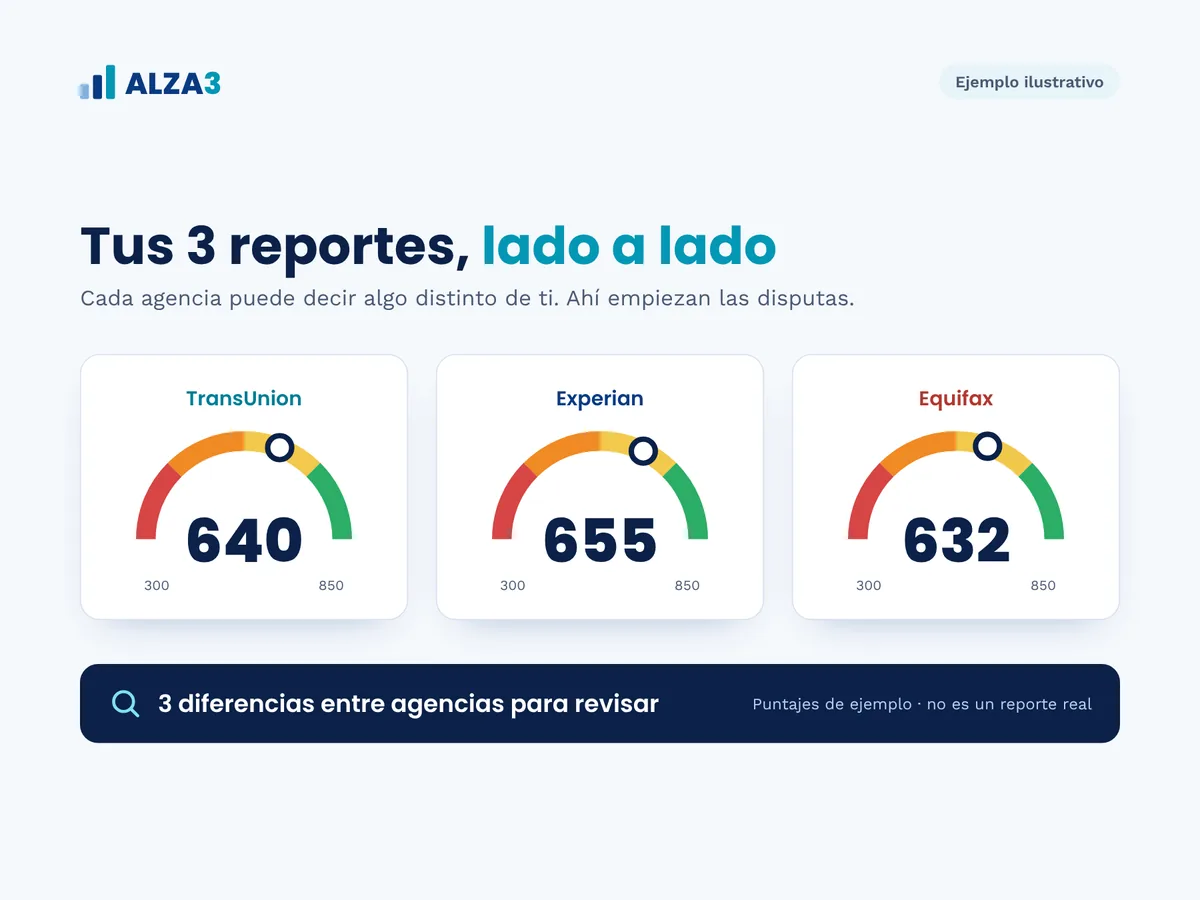Ejemplo ilustrativo: puntajes de TransUnion, Experian y Equifax lado a lado, con 3 diferencias para revisar